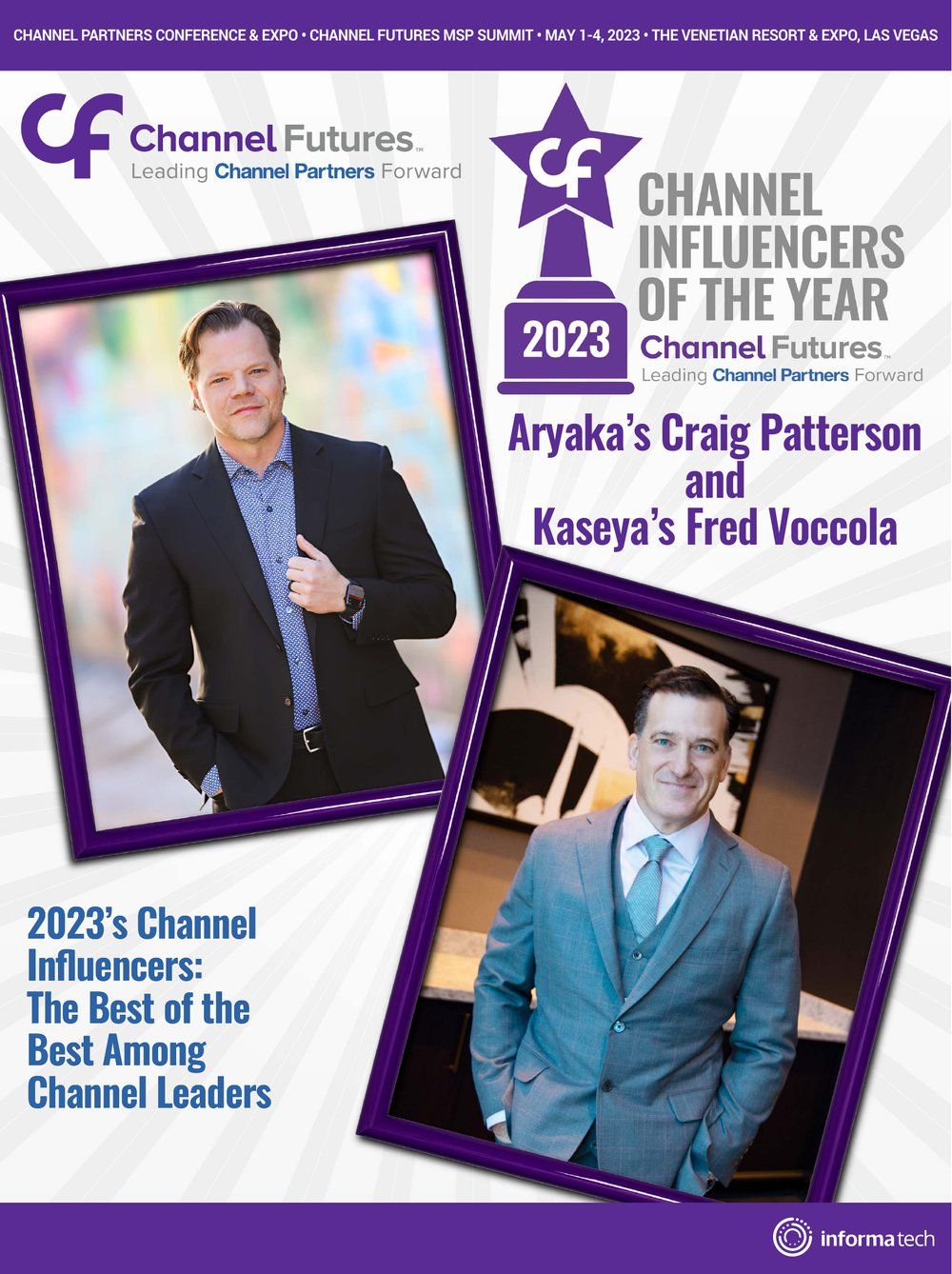 Channel Futures February 2023 cover: 2023 Channel Influencers of the Year, Aryaka's Craig Patterson and Kaseya's Fred Voccola